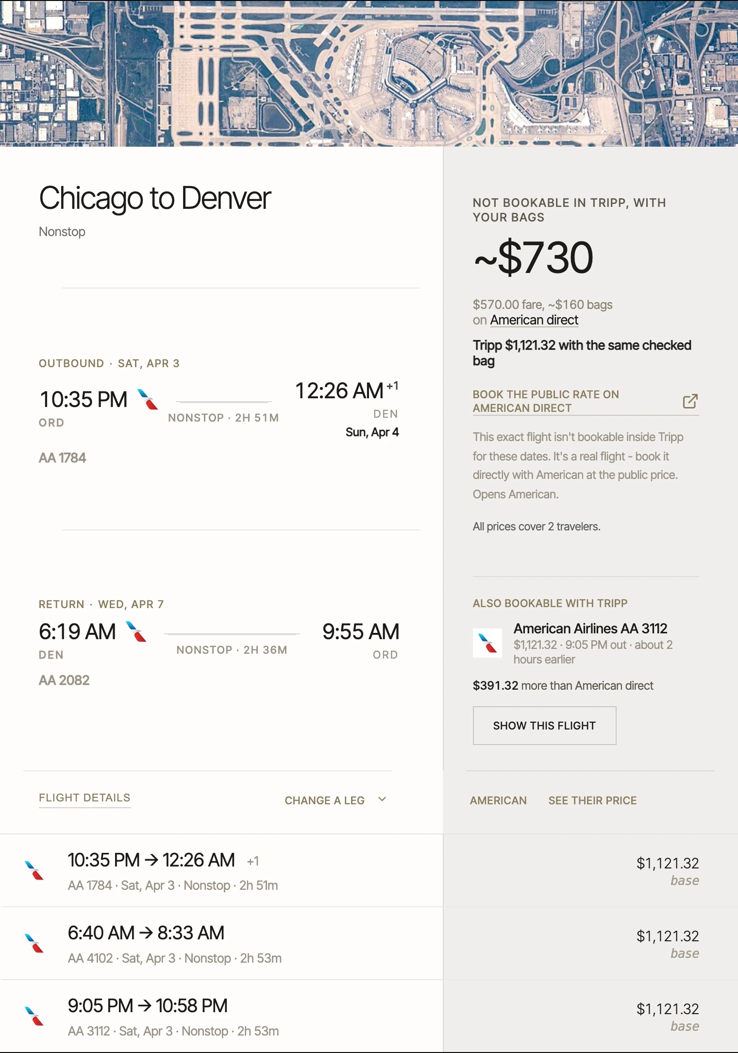 A flight search in Tripp, ranked by the real total