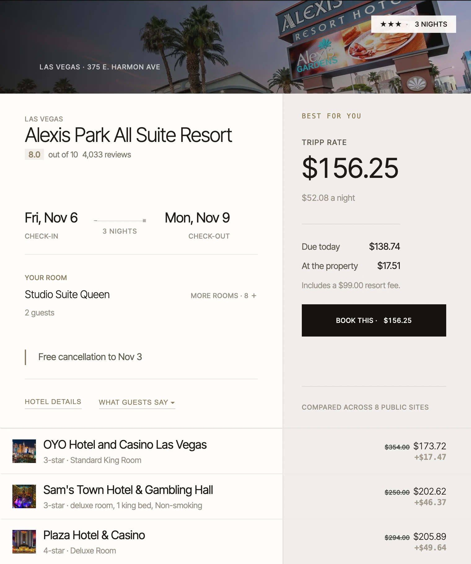 A hotel card in Tripp with the all-in price and cancel deadline