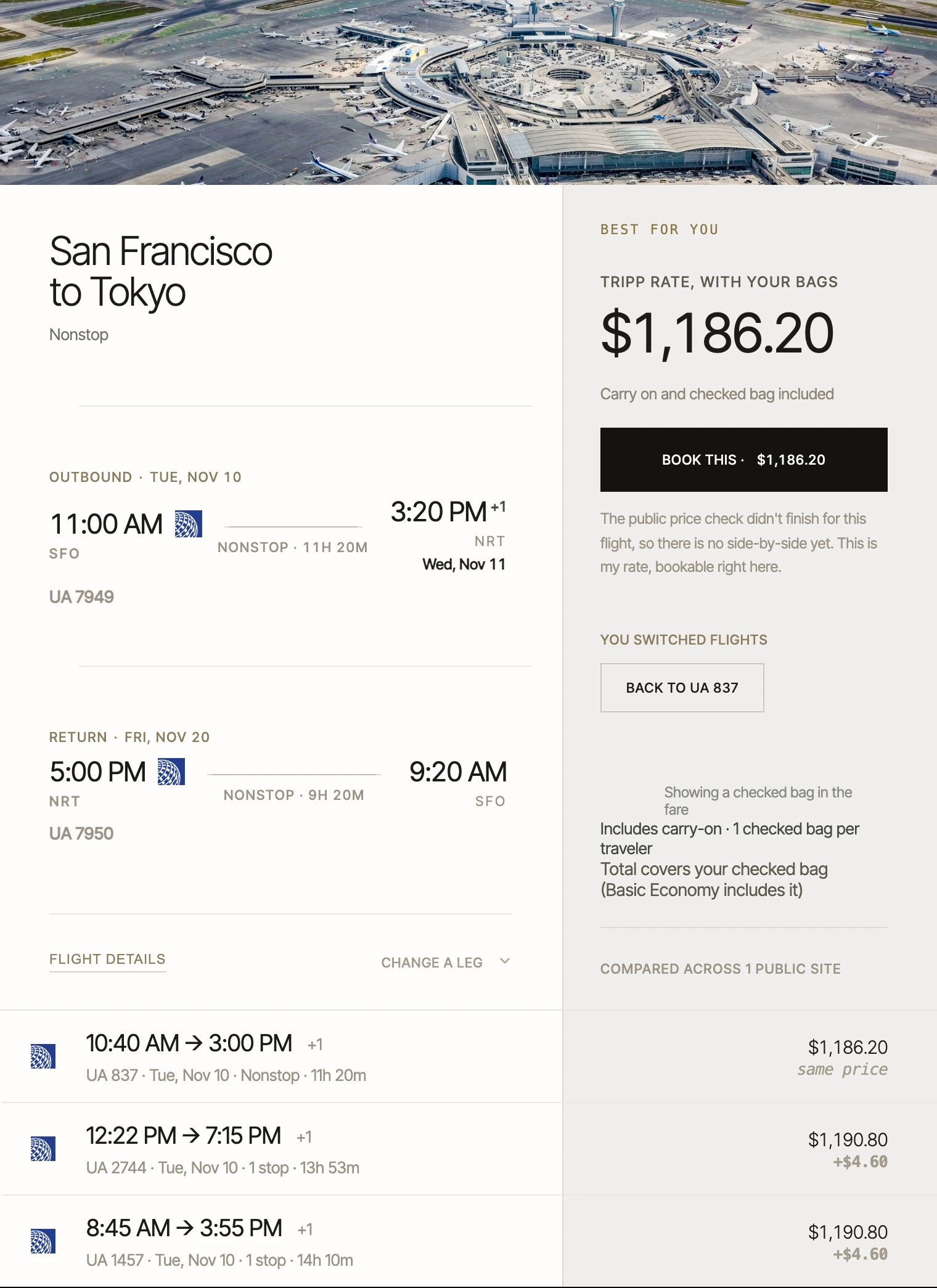 Bag fees and loyalty status priced into a Tripp total